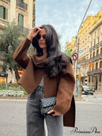 Brown Woolen Circular Neck Scarf Jacket