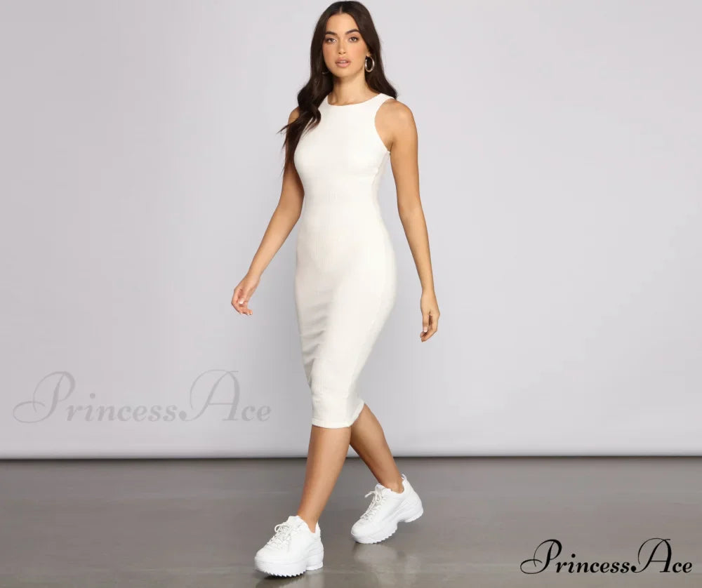 Brushed Knit Sleeveless Charming Crew Neck Midi Dress