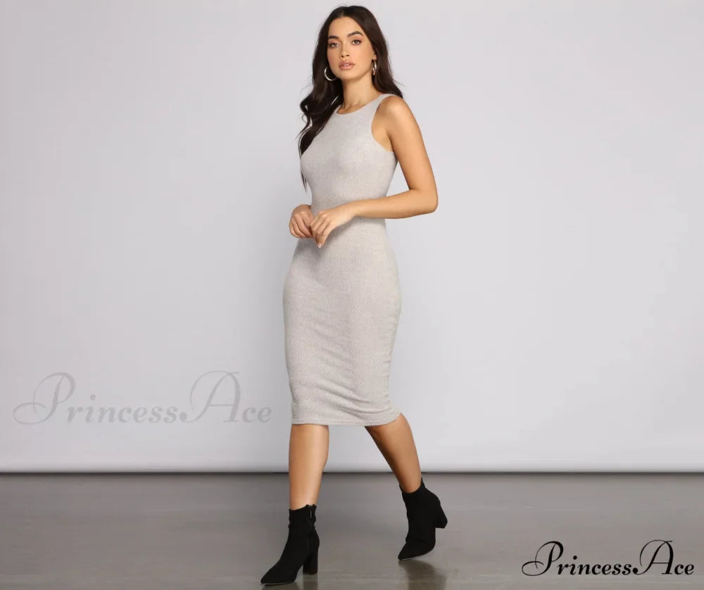 Brushed Knit Sleeveless Charming Crew Neck Midi Dress