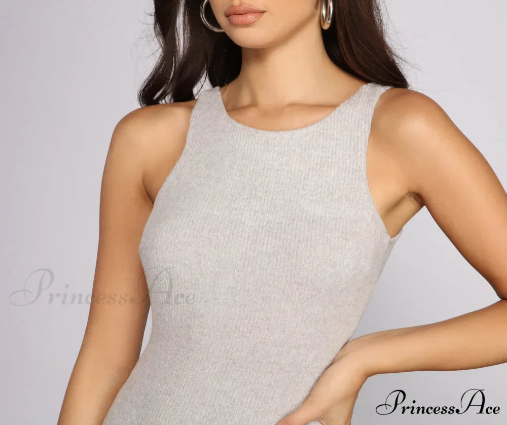 Brushed Knit Sleeveless Charming Crew Neck Midi Dress