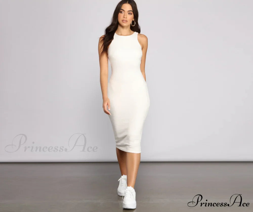 Brushed Knit Sleeveless Charming Crew Neck Midi Dress