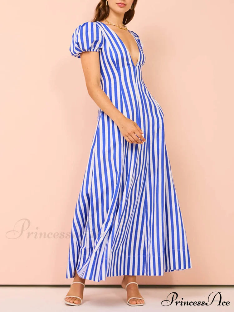 Bubble Sleeve In Charming Stripe Wavy Maxi Dress
