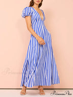 Bubble Sleeve In Charming Stripe Wavy Maxi Dress