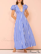 Bubble Sleeve In Charming Stripe Wavy Maxi Dress