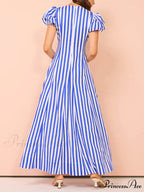 Bubble Sleeve In Charming Stripe Wavy Maxi Dress