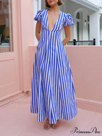 Bubble Sleeve In Charming Stripe Wavy Maxi Dress