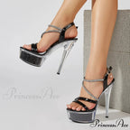 Buckle Sequined Platform Sandals Silver Crystal Rhinestone Sexy Ladies High Heel