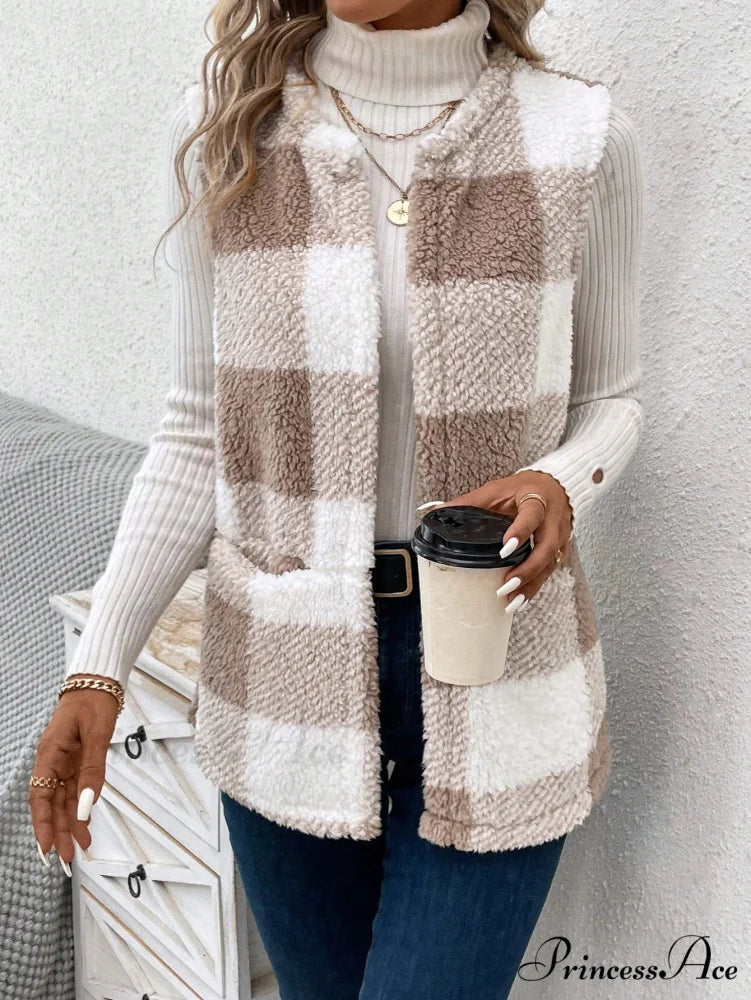 Buffalo Plaid Print Open Front Teddy Vest Coat