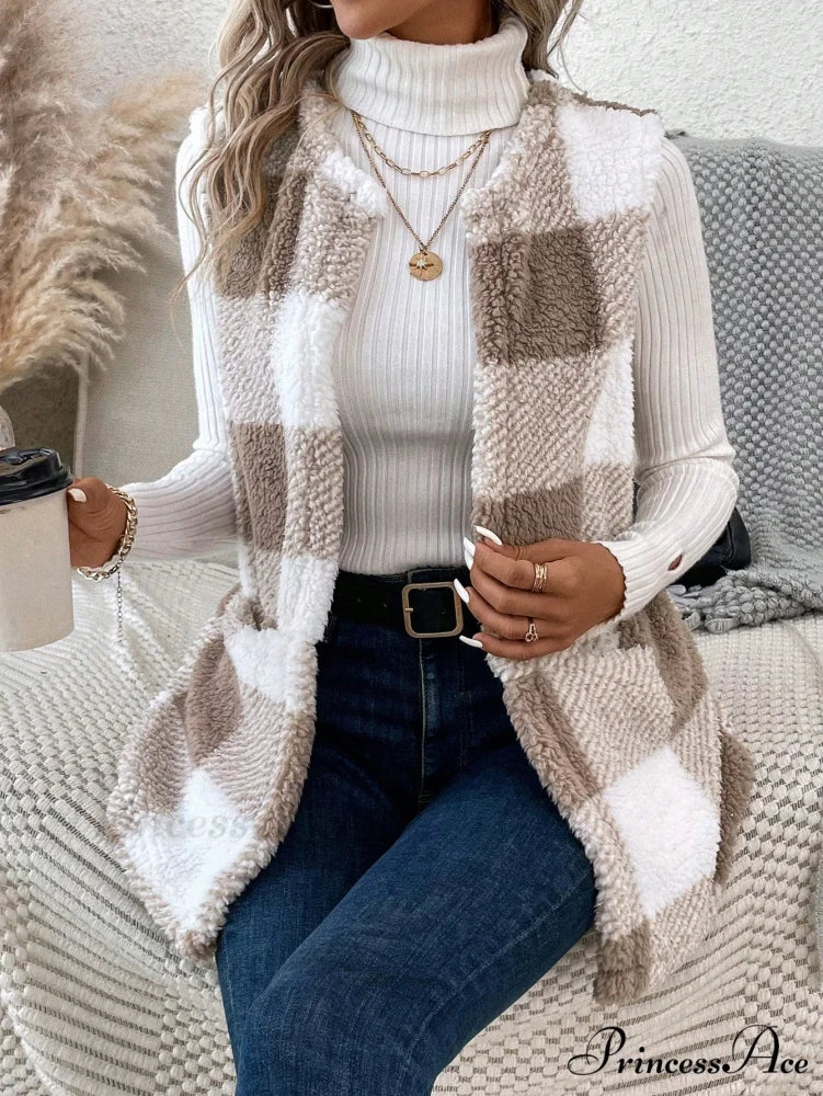 Buffalo Plaid Print Open Front Teddy Vest Coat