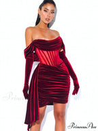 Burgundy Draping Off Shoulder Corset Sexy Velvet Slim Bodycon Mini Christmas Party Dress