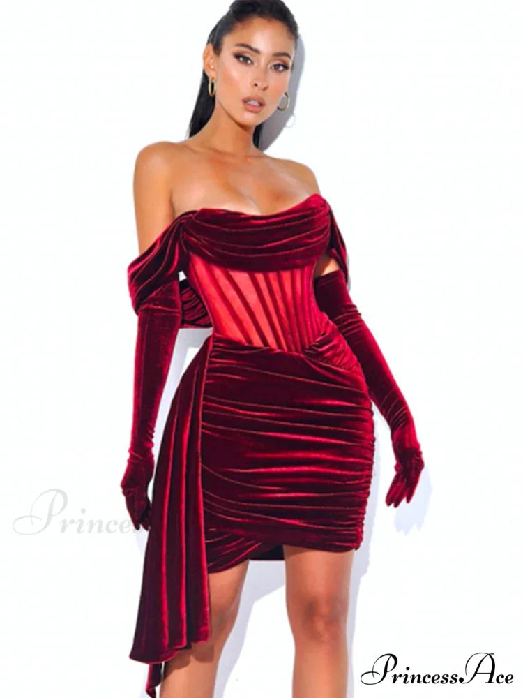 Burgundy Draping Off Shoulder Corset Sexy Velvet Slim Bodycon Mini Christmas Party Dress