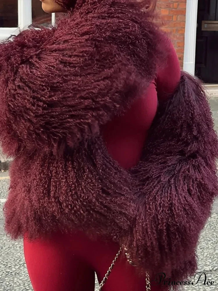 Burgundy Fluffy Faux Fur Coat