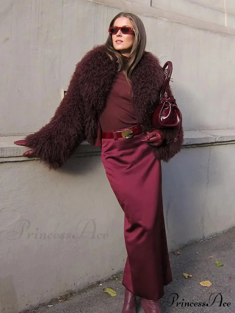 Burgundy Fluffy Faux Fur Coat
