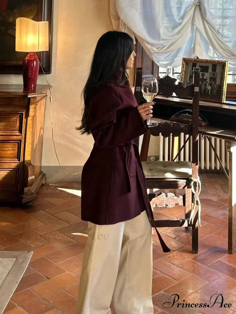Burgundy Lace-Up Wool Coat