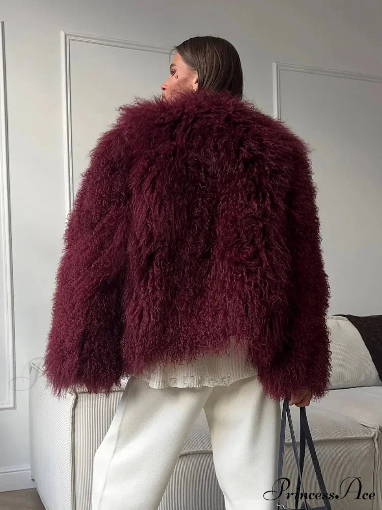 Burgundy Oversized Faux Fur Coat