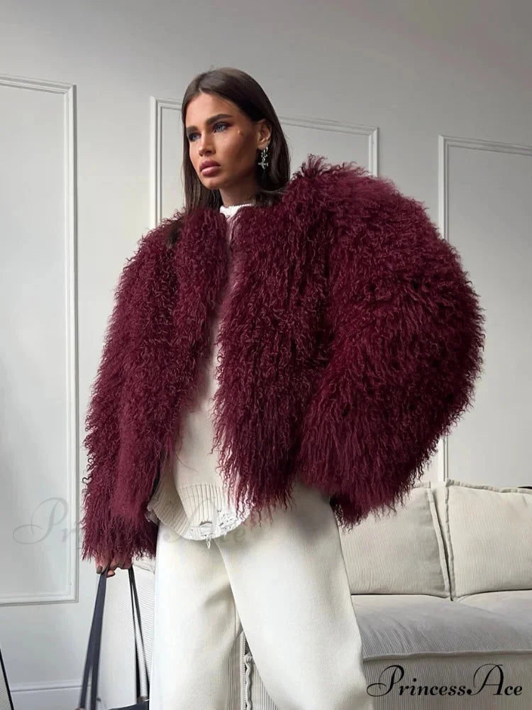 Burgundy Oversized Faux Fur Coat