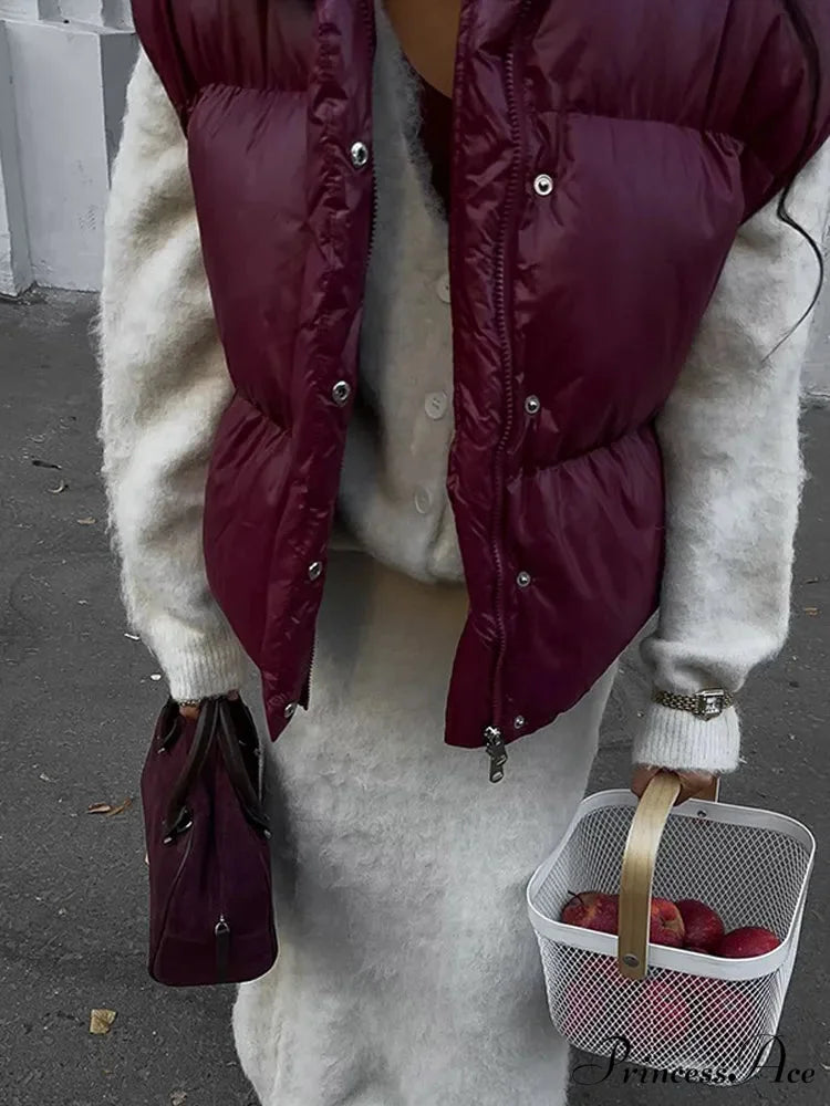 Burgundy Snap Buttons Stand Collar Vest Coat