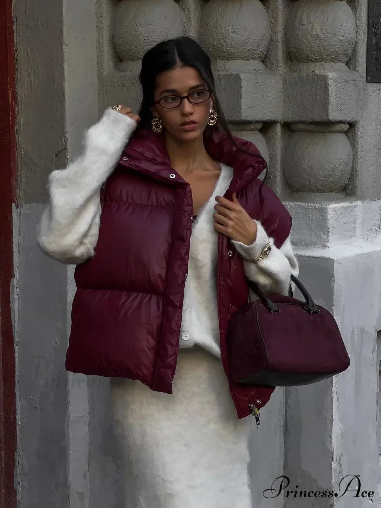 Burgundy Snap Buttons Stand Collar Vest Coat