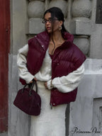 Burgundy Snap Buttons Stand Collar Vest Coat