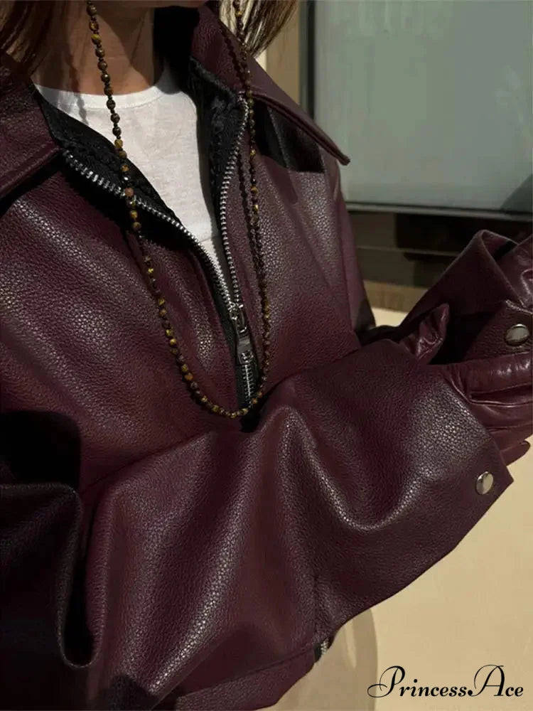 Burgundy Zipper Front PU Leather Coat