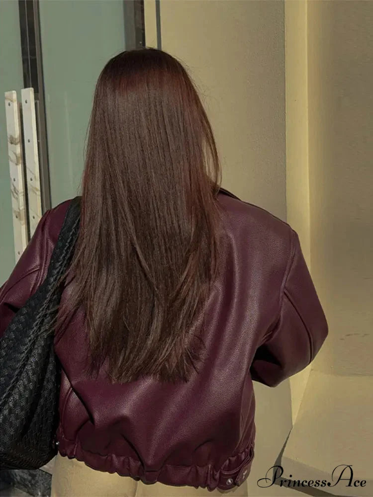 Burgundy Zipper Front PU Leather Coat