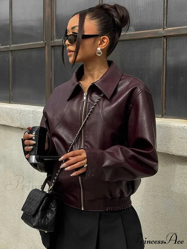 Burgundy Zipper Front PU Leather Coat