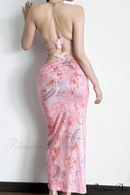 Butterfly Backless Midi Dress with Halterneck