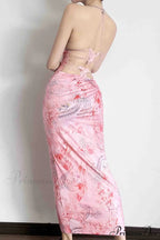 Butterfly Backless Midi Dress with Halterneck