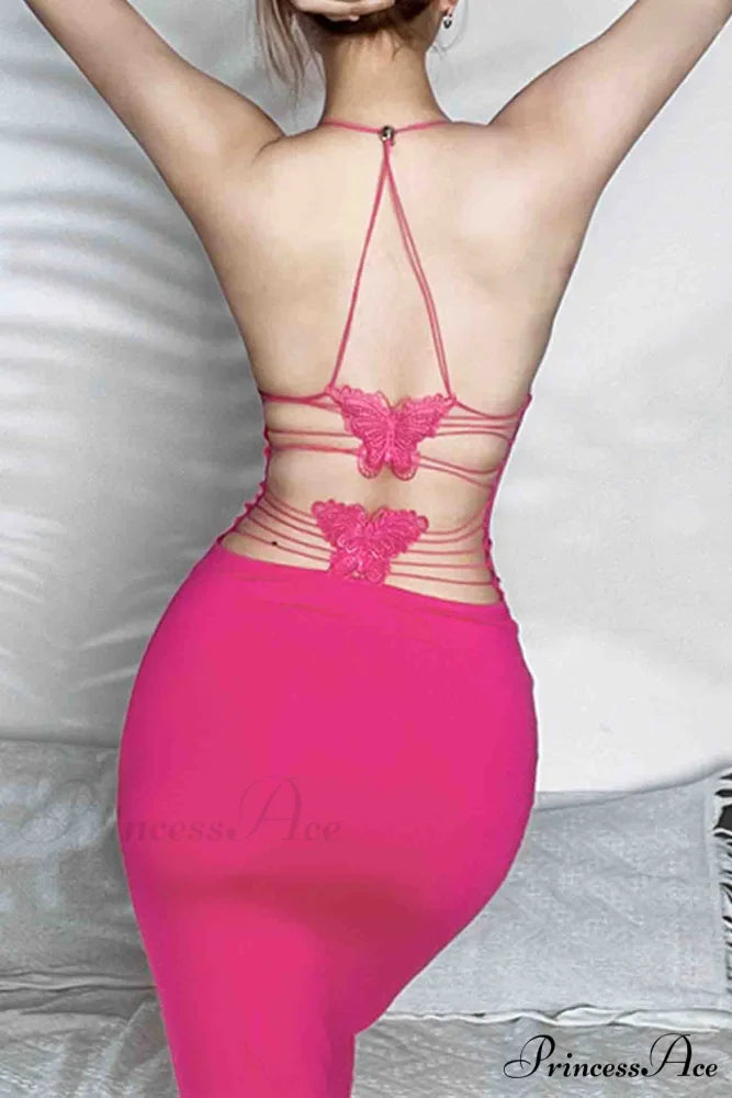 Butterfly Backless Midi Dress with Halterneck