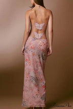 Butterfly Backless Midi Dress with Halterneck