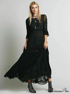 Button Down Hollow Embroidery Tall Waist Boho Dress
