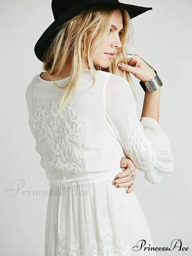 Button Down Hollow Embroidery Tall Waist Boho Dress
