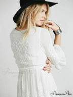 Button Down Hollow Embroidery Tall Waist Boho Dress