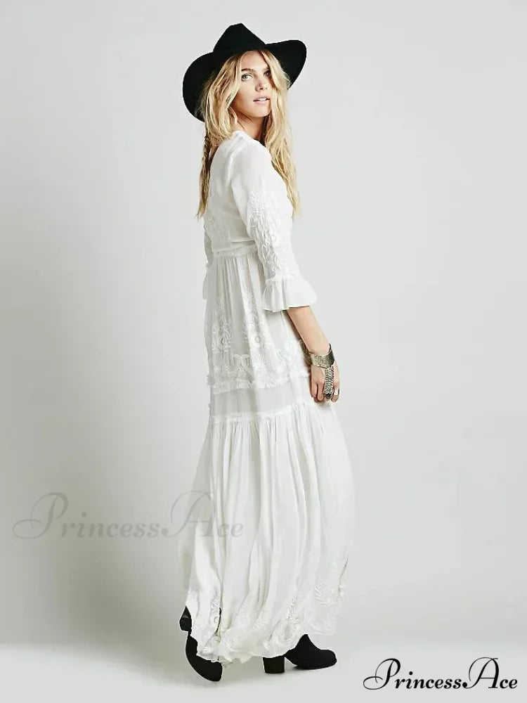Button Down Hollow Embroidery Tall Waist Boho Dress