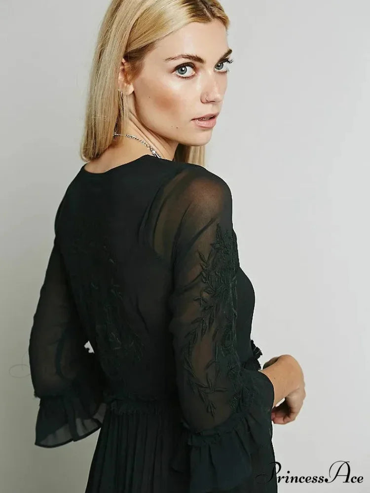 Button Down Hollow Embroidery Tall Waist Boho Dress