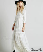 Button Down Hollow Embroidery Tall Waist Boho Dress
