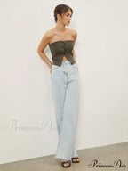 Button Down Knit Trendy Crop Strapeless Tube Top