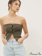 Button Down Knit Trendy Crop Strapeless Tube Top