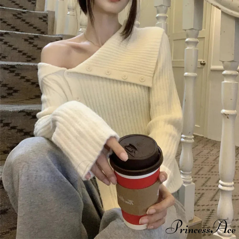 Button Off Shoulder Grey Pullover