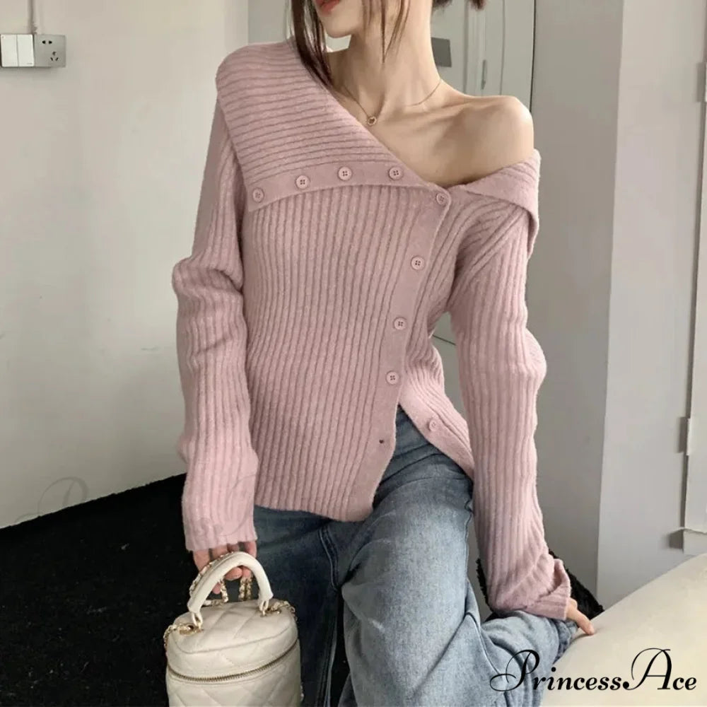 Button Off Shoulder Grey Pullover