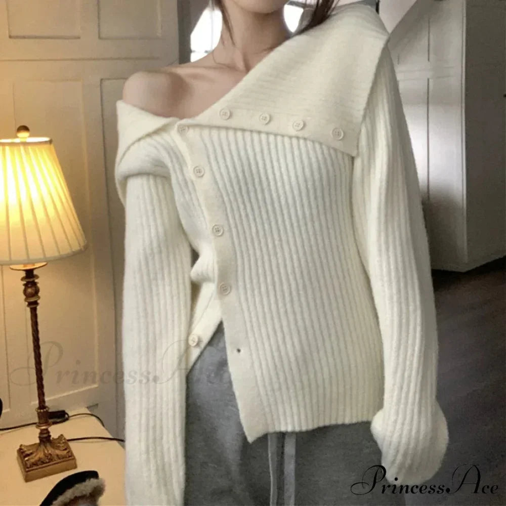 Button Off Shoulder Grey Pullover