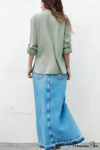 Button-Up Arm Pocket V-neck Roll-up Top