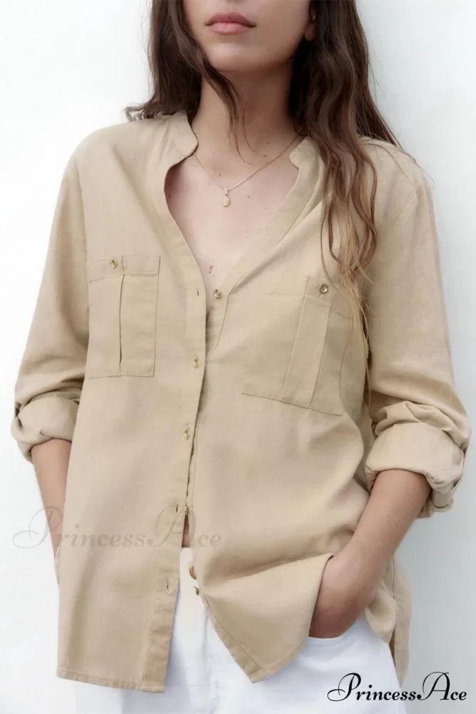Button-Up Arm Pocket V-neck Roll-up Top