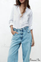 Button-Up Arm Pocket V-neck Roll-up Top