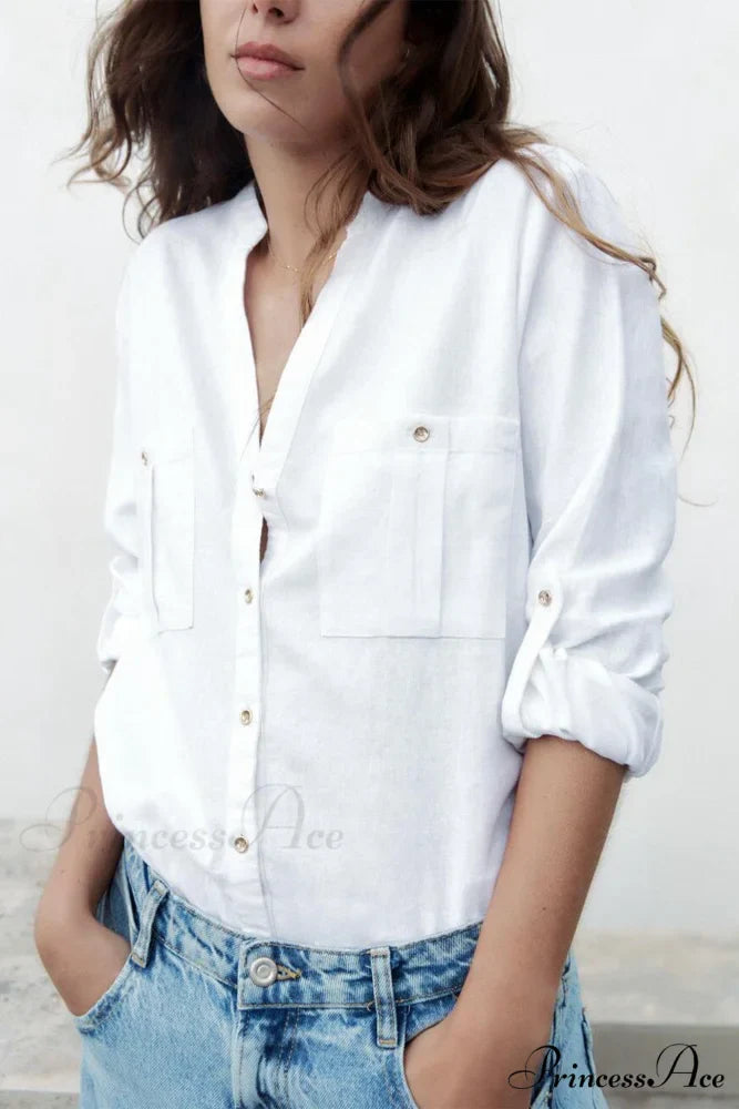 Button-Up Arm Pocket V-neck Roll-up Top