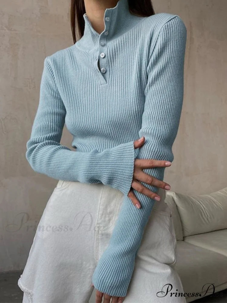 Button Up Collar Trendy Ribbed Knit Top
