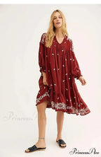 Button Up Ebony Embroidery Retro Cotton Boho Dress