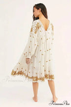 Button Up Ebony Embroidery Retro Cotton Boho Dress