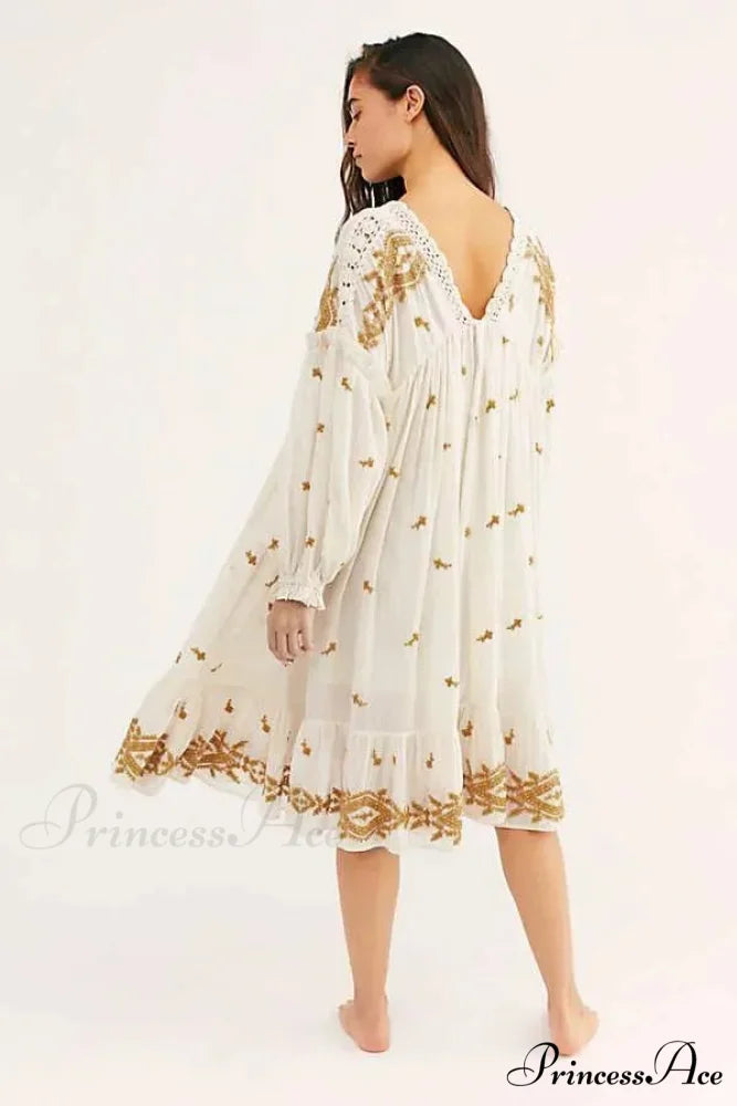 Button Up Ebony Embroidery Retro Cotton Boho Dress