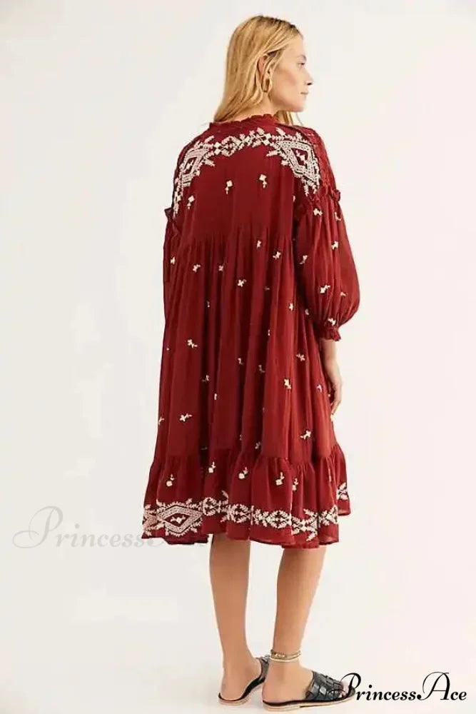 Button Up Ebony Embroidery Retro Cotton Boho Dress